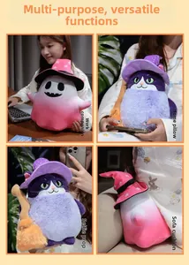 Detail showing plush ghost and wizard cat toys used as sofa pillows and home decor
