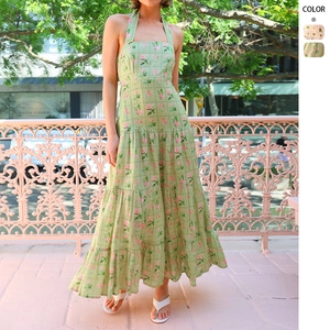 Women Halter Neck Maxi Dress Backless Sleeveless Floral Print Polyester Summer Beach Vacation Resort Tiered Long Sundress