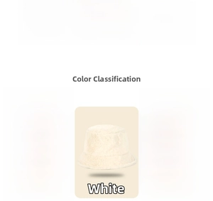 Plush faux fur bucket hat display in black, white, and khaki colors for winter fashion