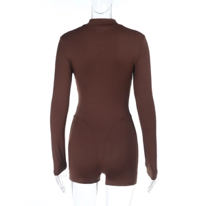 Detailed back view of a slim fit brown long sleeve romper with centered zipper design