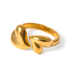 Polished gold adjustable open ring featuring unique double heart wave design for women