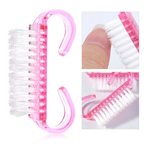 Pink manicure nail cleaning brush set with hooked plastic handle and nylon bristles