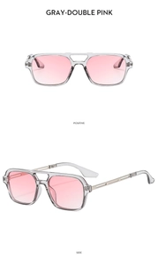 Detail view of retro double bridge aviator sunglasses with gray frames and pink gradient lenses