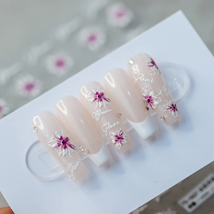 5D embossed white floral coffin press-on nails with rhinestone and French tip design