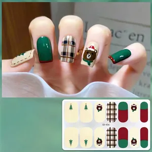 Christmas bear and tree gel nail stickers set in dark green and red plaid pattern
