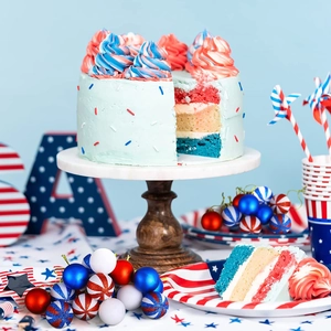 Detailed cross-section of a red, white, and blue layered cake for American Independence Day