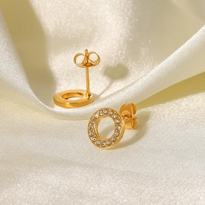 Stainless Steel Round Hoop Stud Earrings Gold Plated With Zircon Minimalist Elegant Fashion Jewelry Accessories For Women
