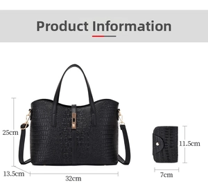 Detailed size comparison of black crocodile pattern tote bag set with dimensions