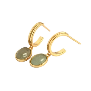 Vintage gold S925 silver C-shape earrings with green aventurine gemstone pendants