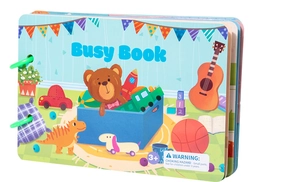 Green dinosaur busy book cover for toddlers featuring cute cartoon bear and guitar patterns