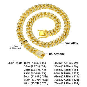 Size chart showing 13mm Cuban chain lengths and weights with gold rhinestone detail
