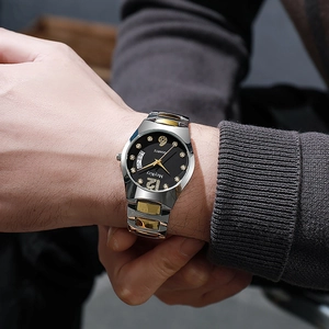 Close-up of MeyKey men's quartz watch with tungsten gold band and diamond indices