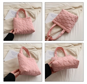 Pink heart quilted tote bag shown from front, side, and bottom views in a collage