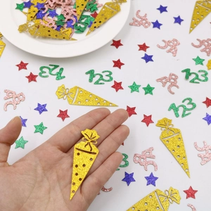 Colorful glitter school confetti with numbers and stars for back to school decorations