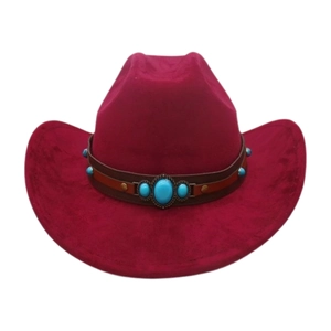 Close-up of dark red felt cowboy hat featuring turquoise stone and metal stud hatband