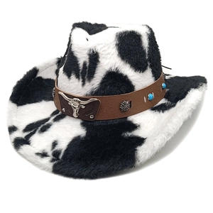 Chapeau De Cow-boy Western Peluche Fausse Fourrure Motif Vache Boucle Métal Tête De Taureau Décoration Turquoise Mode