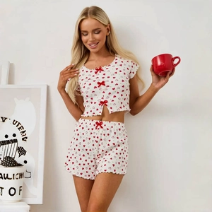 Pigiama Loungewear Donna Top E Pantaloncini Stampa Cuore Fiocco Bordo Ondulato Maglia A Costine Abbigliamento Casa Dolce