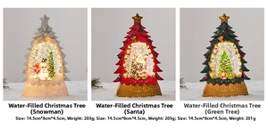 Three lit water-filled Christmas lanterns showing Snowman, Santa, and Tree scenes