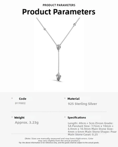 Detail view of S925 silver Y-necklace with pear-cut zircon and 40+5cm chain specs