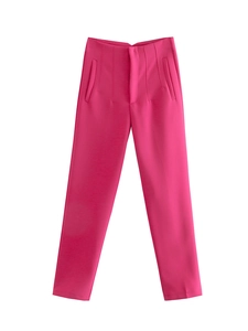 Women's peach pink high waisted cropped trousers in a slim formal suit style