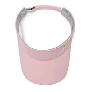 Pink open top sun visor with metal letter R detail and adjustable elastic strap for sports