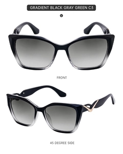 Detailed front and side view of cat eye sunglasses with gradient lenses and V metal trim