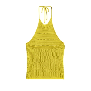 Halter neck knit top in bright yellow with intricate textured hollow-out patterns