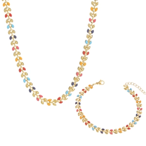 Colorful enamel leaf necklace and bracelet jewelry set in gold-finished stainless steel