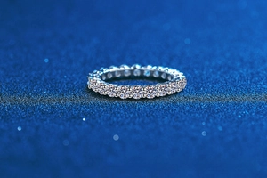 Detailed macro view of S925 sterling silver eternity band with 2.2 carat moissanite stones