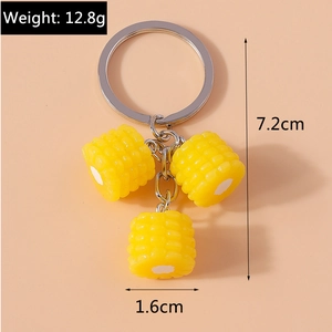 Detail view of mini resin corn keychains showing 12.8g weight and 7.2cm length dimensions
