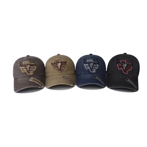 Vintage washed cotton baseball caps with Texas bull embroidery in multiple colors