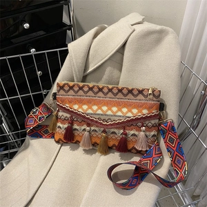 Detail of bohemian woven crossbody bag with colorful tassels and jacquard shoulder strap