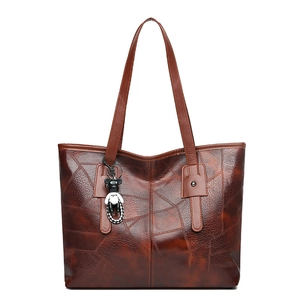 Brown oil wax PU leather tote bag with large capacity and cute bear charm pendant