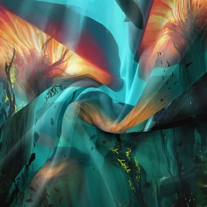 Detail of bohemian mushroom tapestry with vibrant aquatic plants and fish print