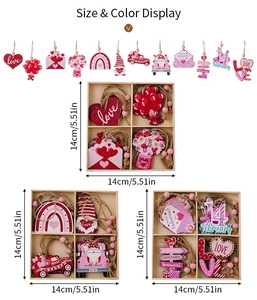 Detailed size display of pink Valentine wooden heart ornaments in 4-grid storage boxes