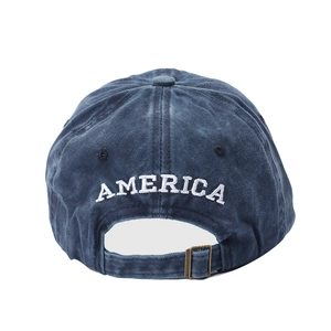Distressed navy cotton baseball cap with AMERICA embroidery and adjustable metal buckle
