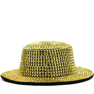 Stage wool fedora hat for women and men with shiny gold square studs and black brim