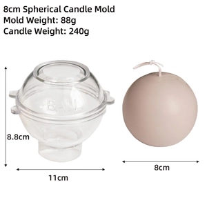 Detail of 8cm spherical candle mold with plastic halves and finished sphere candle