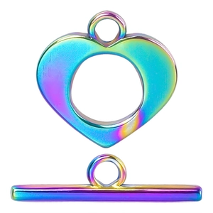 Detailed macro view of rainbow iridescent heart-shaped OT toggle clasp for DIY jewelry making