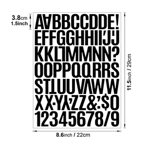 Detailed dimension guide for 1.5 inch black vinyl alphabet and number sticker set