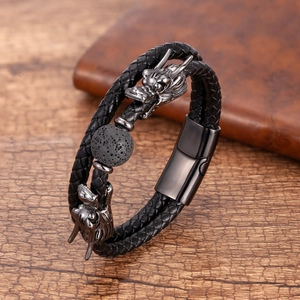 Retro braided leather dragon bracelet with volcanic stone and magnetic stainless clasp