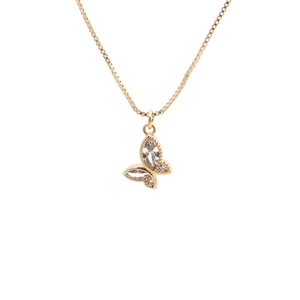 Gold plated copper butterfly pendant necklace with micro-pave zircons on a box chain