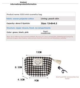 Mini plaid storage pouch with tassel zipper showing product dimensions and capacity details
