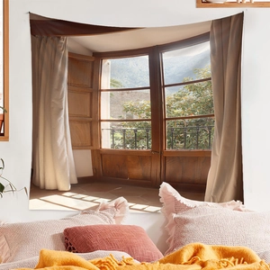 Bedroom wall decor hanging tapestry showing a window view of mountains and nature landscape