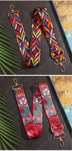 Detail view of colorful floral and geometric woven shoulder straps with gold metal hooks