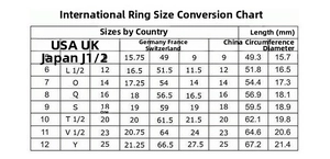 International ring size chart with US, UK, EU metrics for stainless steel leaf ring