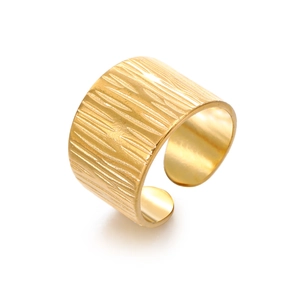 Wide 18K gold plated stainless steel ring with textured finish and adjustable open band