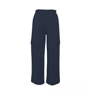 Detailed view of navy blue cargo pants with elastic drawstring waist and large flap pockets