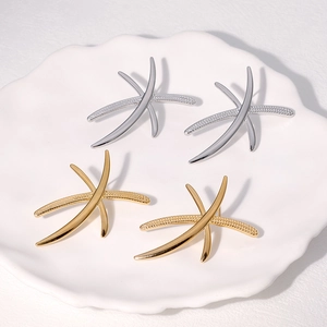 Starfish Cross Stud Earrings 18K Gold Plated Stainless Steel Textured Minimalist Geometric Jewelry For Women