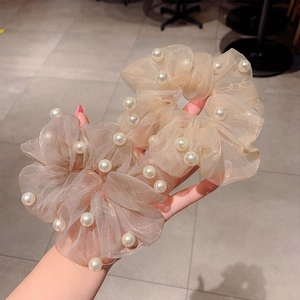 Sweet Elegant Organza Mesh Scrunchies With Imitation Artificial Pearl Korean Style Hair Ties For Women Girls Accessories